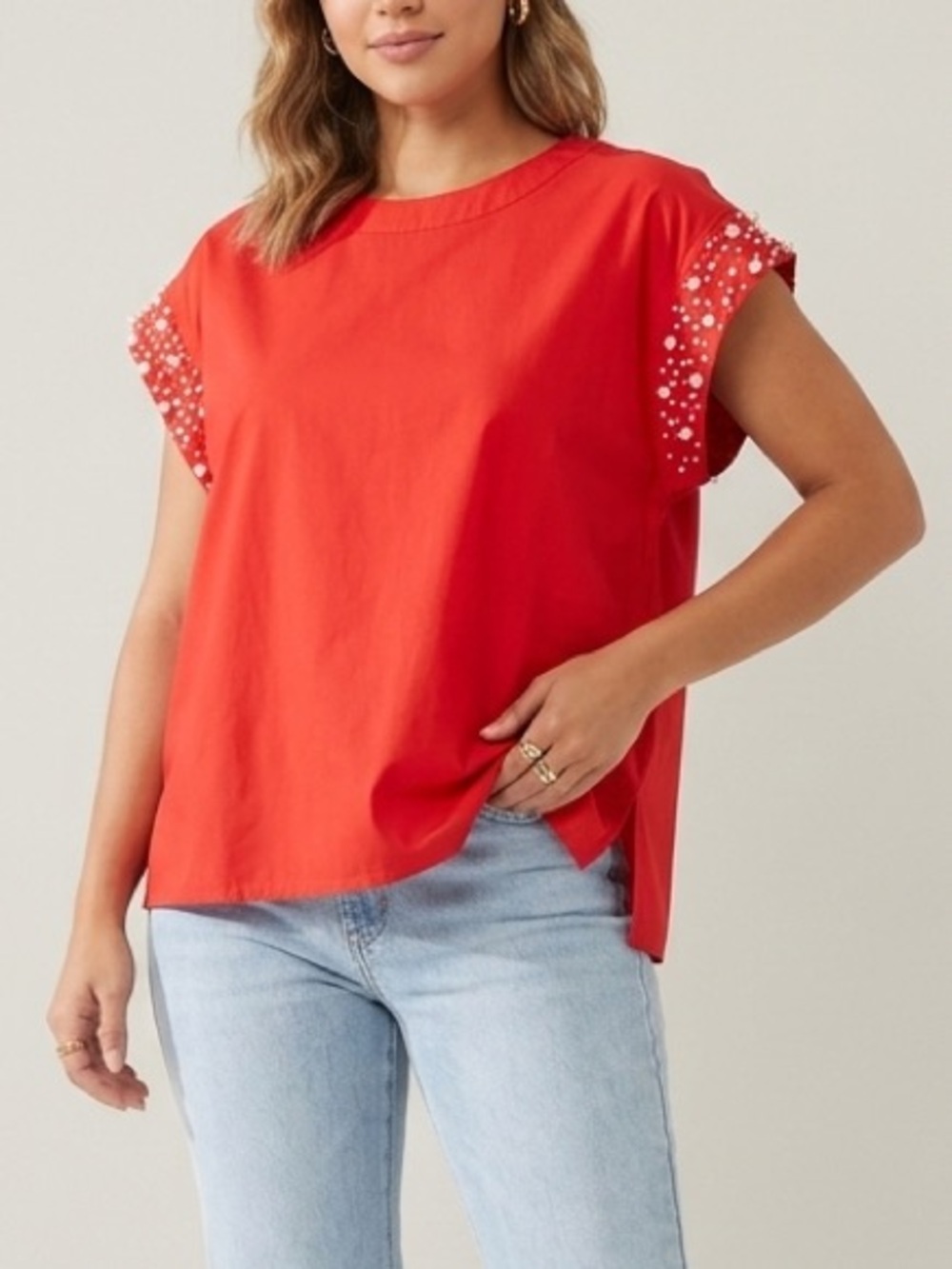 Entro Boutique Red Blouse Pearl Sleeves Cap Sleeve Holiday Size Small